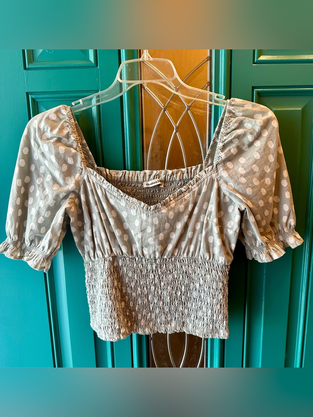 Abercrombie & Fitch Sage Green Polka Dot Smocked Puff Sleeve Milkmaid Style Top